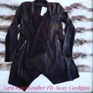 Zara Black Faux Leather Drapey Fly Away Cardigan